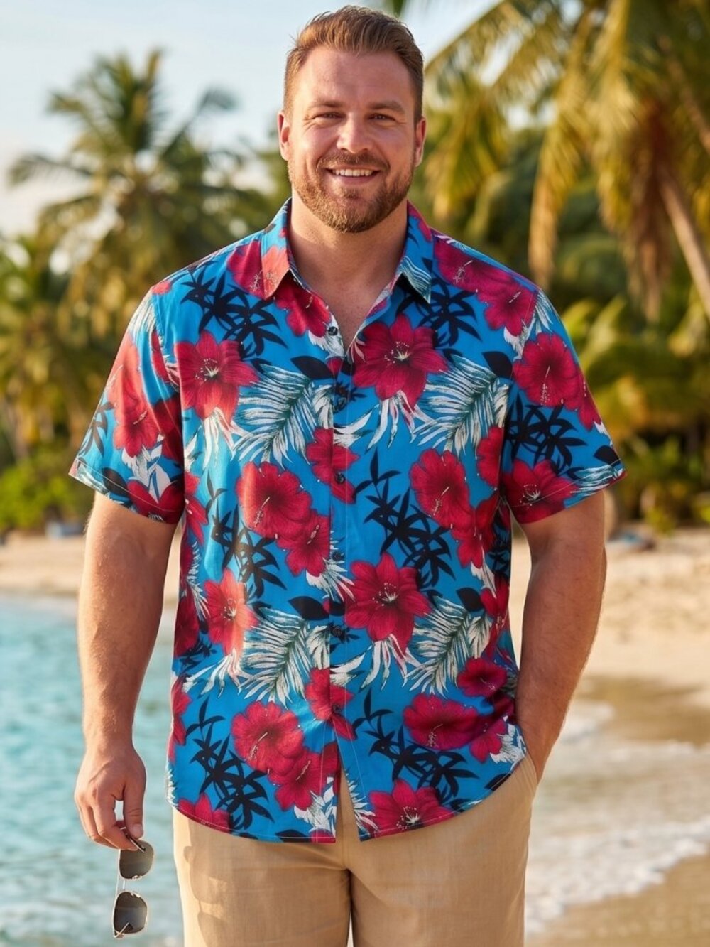 NWT JOGAL Men Blue Red Hawaiian Hibiscus Tropical Short Sleeve Button Up Shirt X